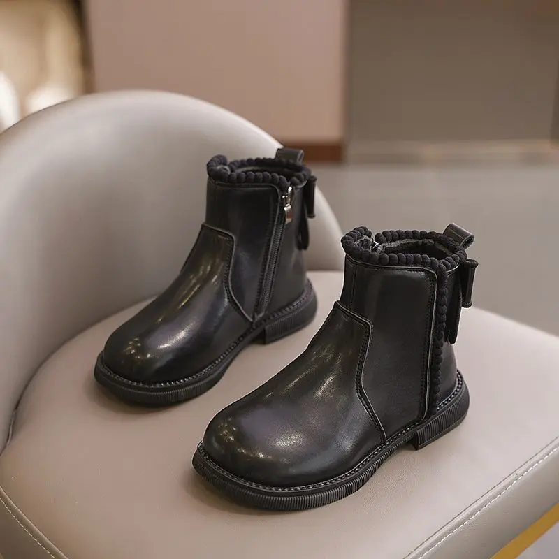 Girls Autumn Winter Boots 2026 New Style Furry Lining Short Boots Princess Design Warmth School Leather Boots Kids Footwear