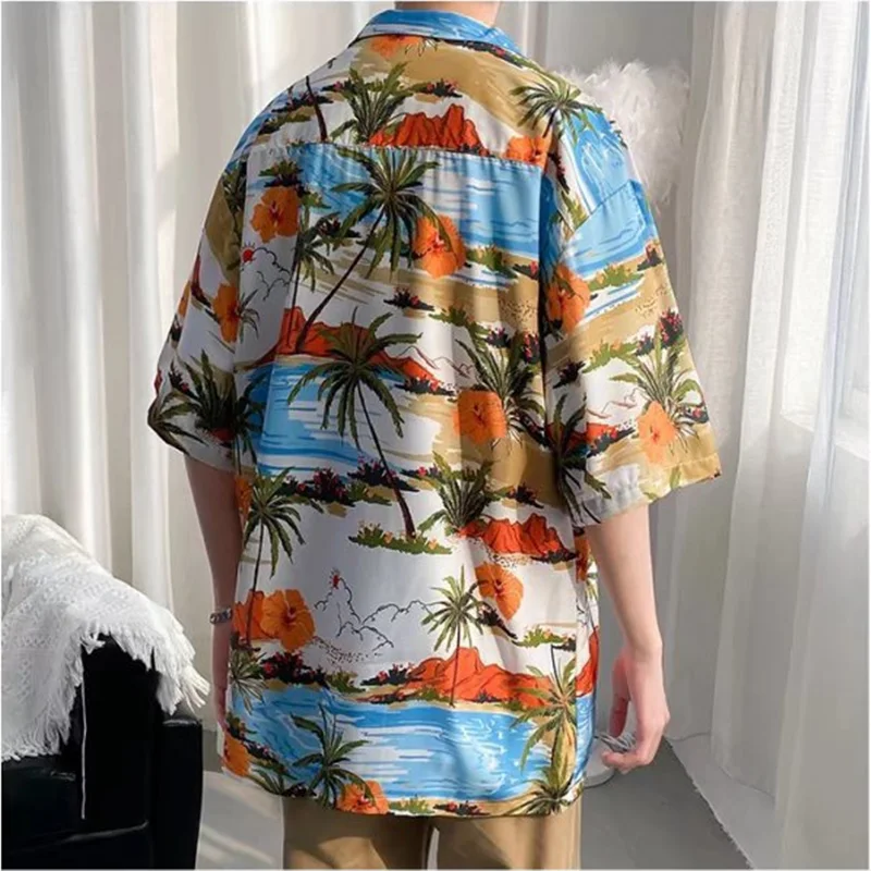 Y2K Summer New Trendyol Vintage Palmeiras Print Cargo Shirt Men Hawaiian Short Sleeve Casual Mens Women Couple Shirts Oversized