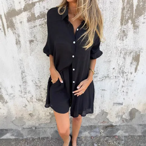 New Casual Solid Color Cotton Linen Set For Women's 2025 Spring Summer Shorts Long-sleeved Wrinkled Shirt Two-piece Loose Suit