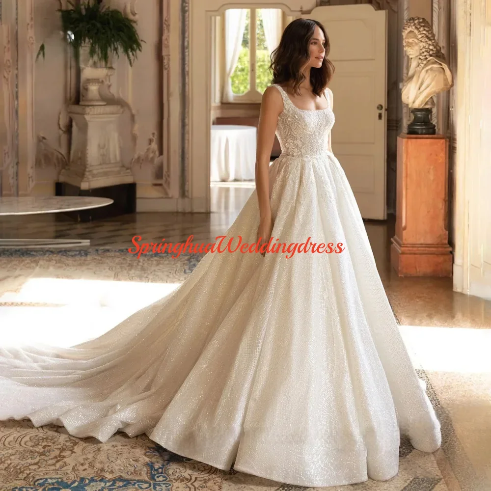 

Customized Sleeveless Off Shoulder Wedding Dress Lace Shining and Bareback Princess Bridal Dress A-line Wedding Dress