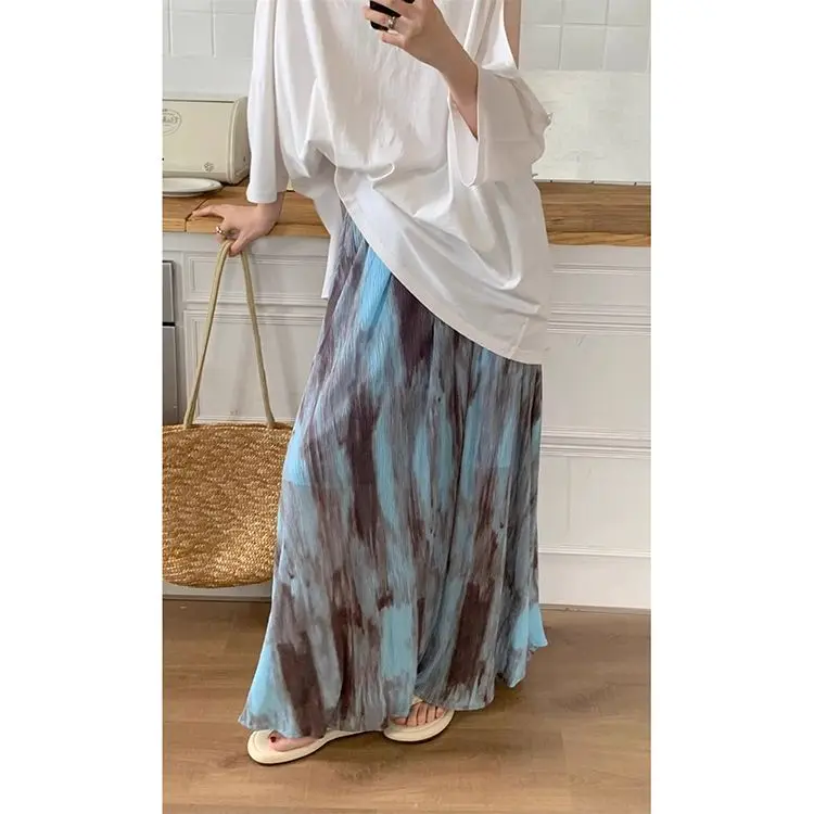 2024 Retro Tie Dyed Half Skirt Women's Early Spring Vacation Style High Waist Slim A-line Skirt Hanging Long Skirt