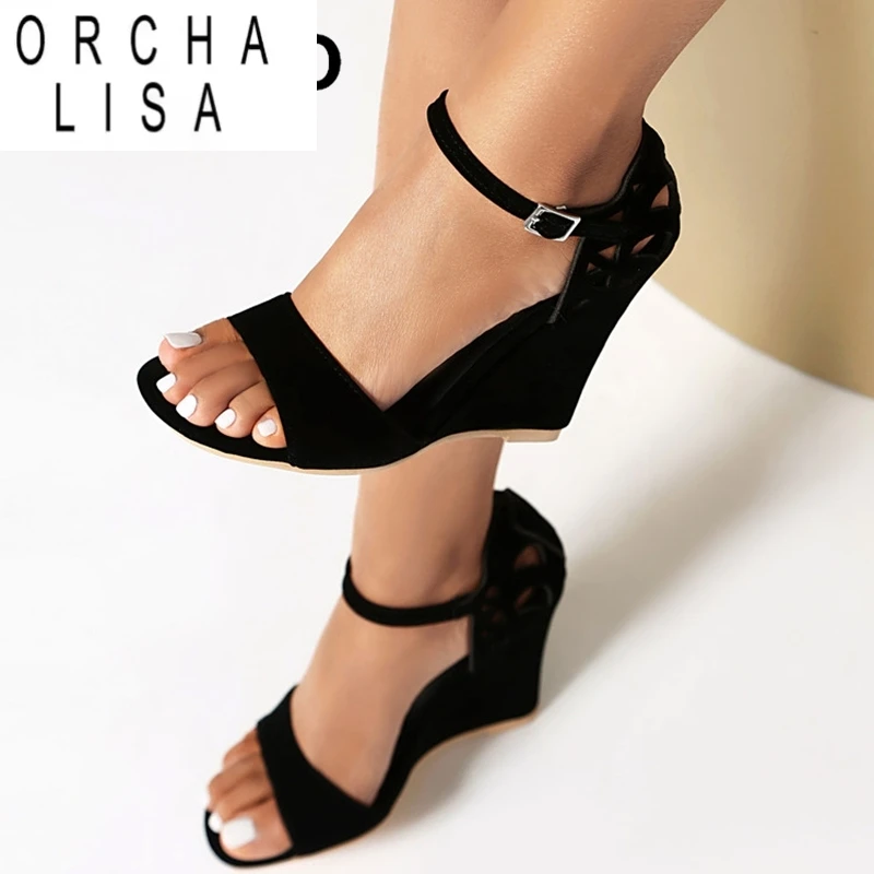 ORCHA LISA Damen-Sandalen, Schnallen, Wildleder, offener Zehenbereich, 10 cm, Keilabsatz, Ausschnitt, Schwarz, Rot, große Größe, 33 40 41 42 43 44 45 46 US14 US15