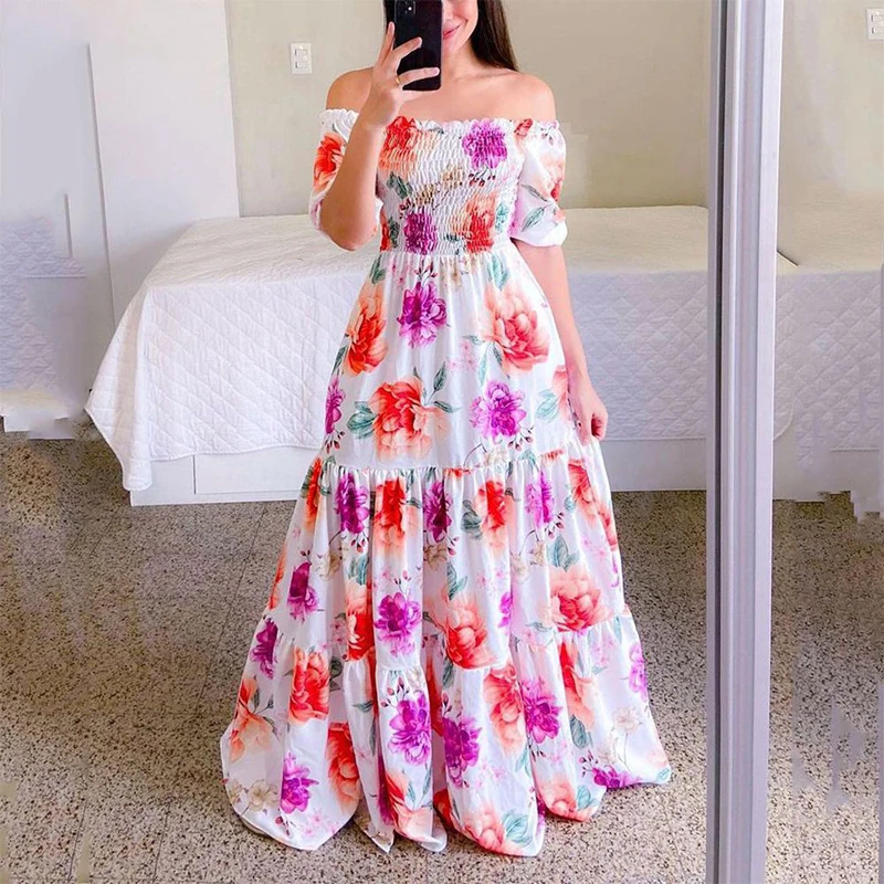 Rainbow Printed Dresses Women Sexy Off The Shoulder Tube Top Dress Floral Pink Dress Ladies Elegant Summer Party Maxi Dresses