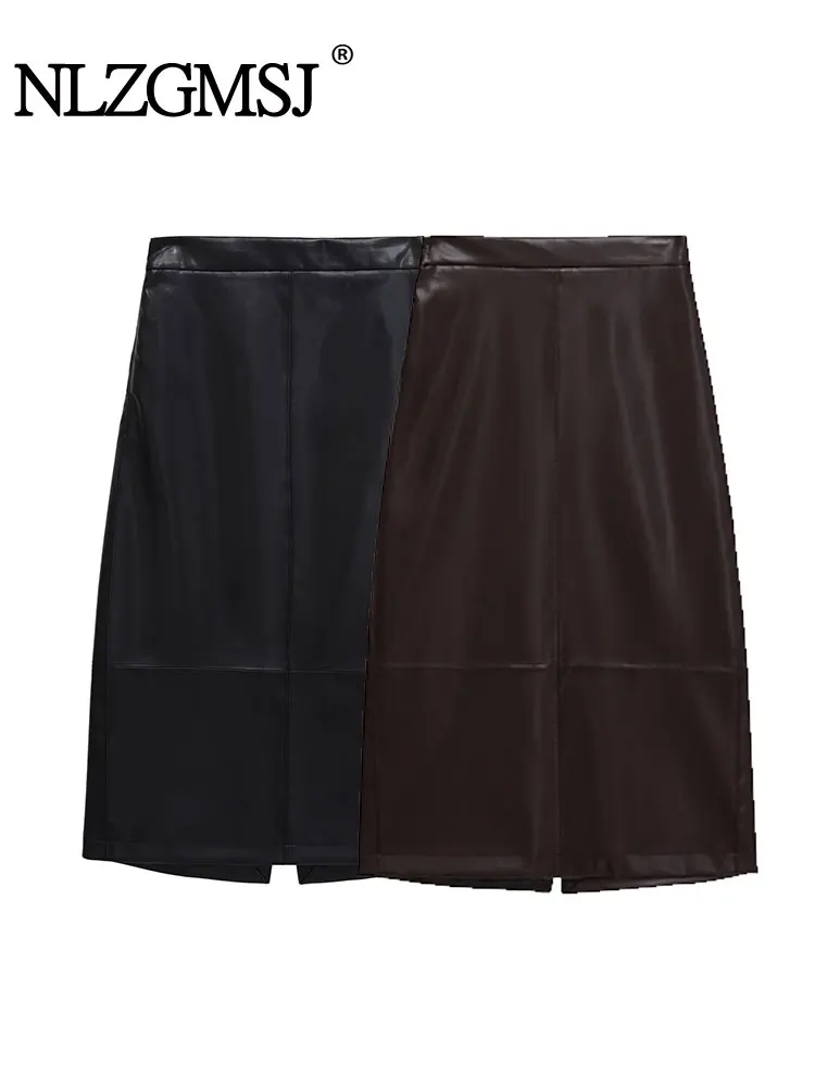 NLZGMSJ falda de Pu de otoño 2025 para mujer, faldas largas a la moda, faldas por debajo de la rodilla de Color sólido para oficina, falda elegante de fiesta de cintura alta