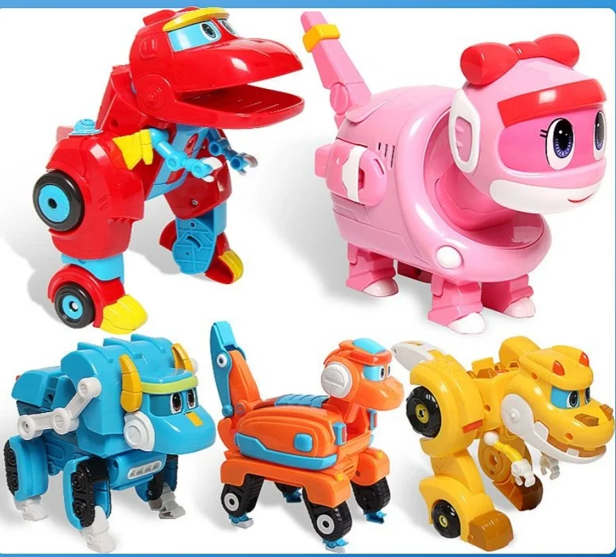 ABS Deformation Gogo Dino Action Figures Rex One Click Transformation Car Airplane Motorboat Crane Dinosaur Toys For Kids Gifts