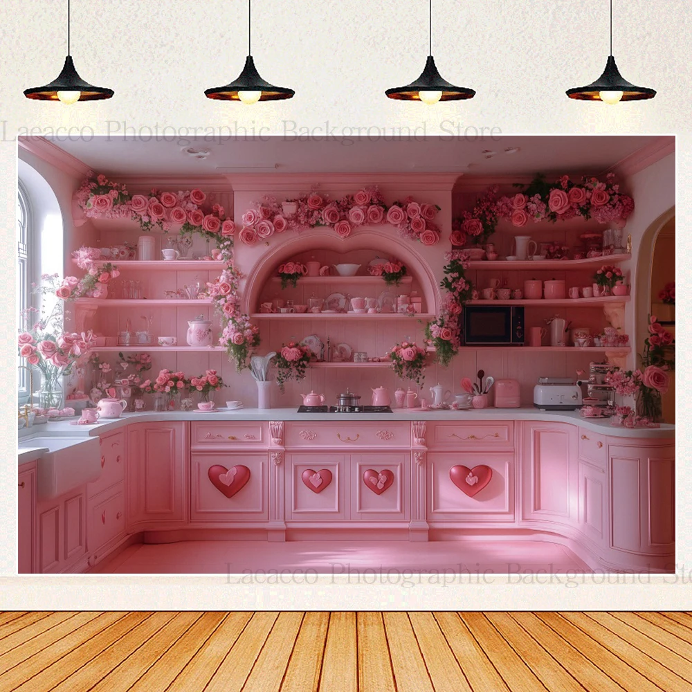 Valentine's Day Pink Kitchen Photography Background Flower Couple Portrait Wedding Birthday Party Backdrop Photo Studio Props