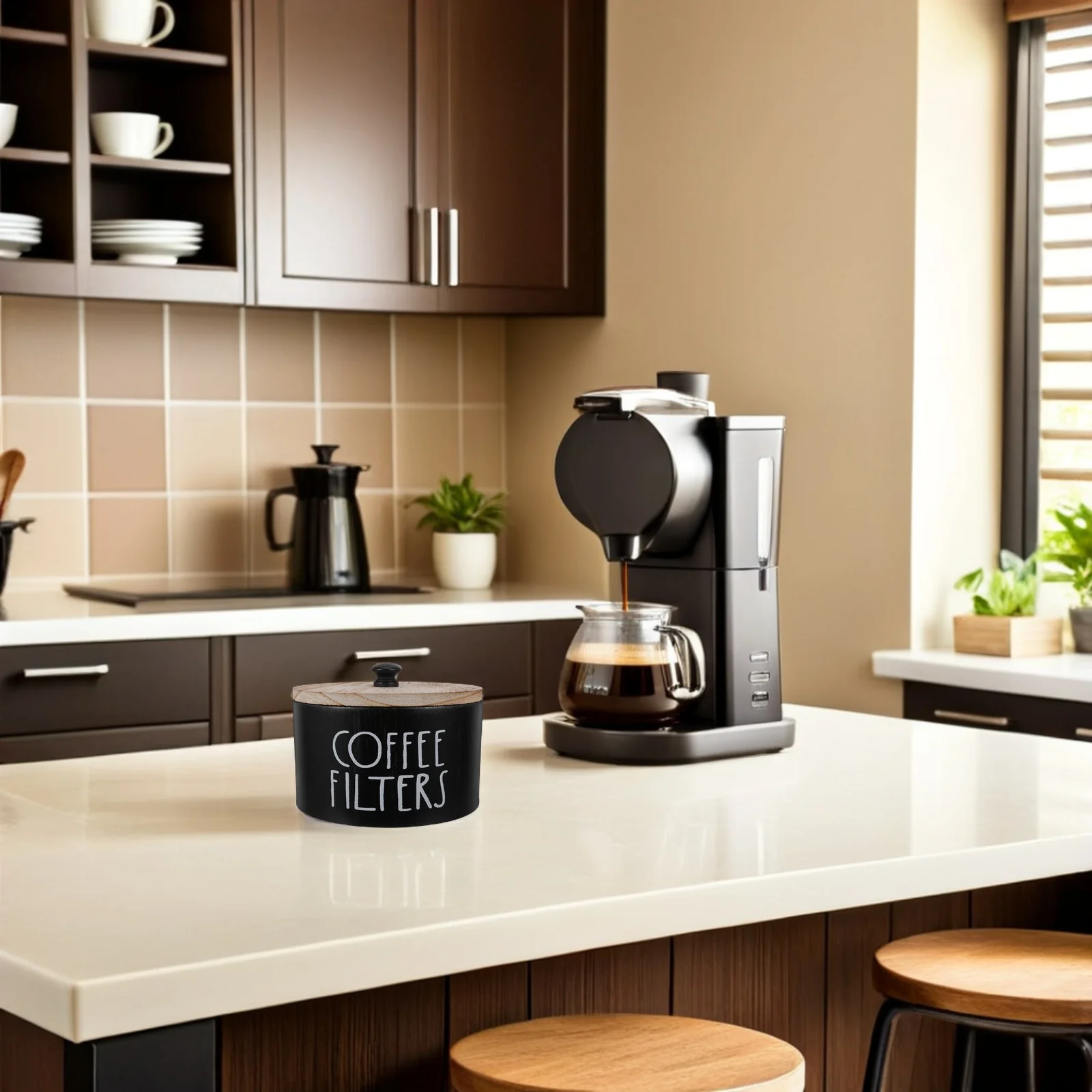 

5.9 Inch Wooden Coffee Filter Container - Black Rustic Farmhouse Style Filter Holder with Lid for Kitchen Coffee Station