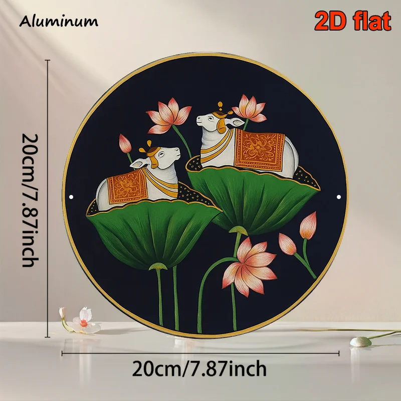 2D Flat 20.32cm Round Aluminum Iron Plate Wall Art, Sacred Cow Lotus Vintage Metal Sign, Indian Mythology Decor for Living Room