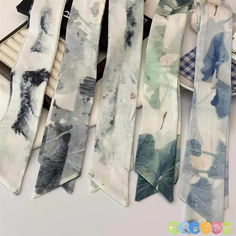 

New Chinese Style Watercolor Lotus Leaf Silk Scarf Hairband Women's Long Stripe Vintage Hair Ties Versatile Hair Accessories