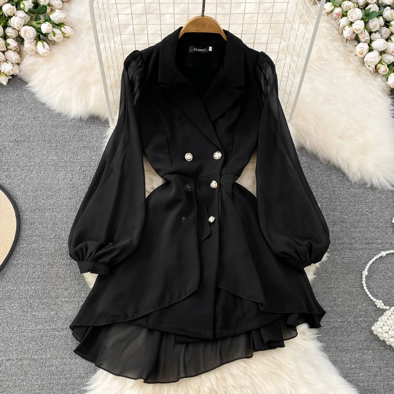 

Women's Vintage Lantern Sleeve Irregular Mini Dress Office Lady Dresses Autumn Winter A-Line Monochromatic Vestidos