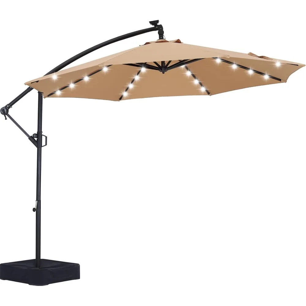 

10 FT LED Patio Umbrellas, Cantilever Umbrella with base, 360° Rotation Outdoor Lighted Offset Umbrella Bonus Fix Frame