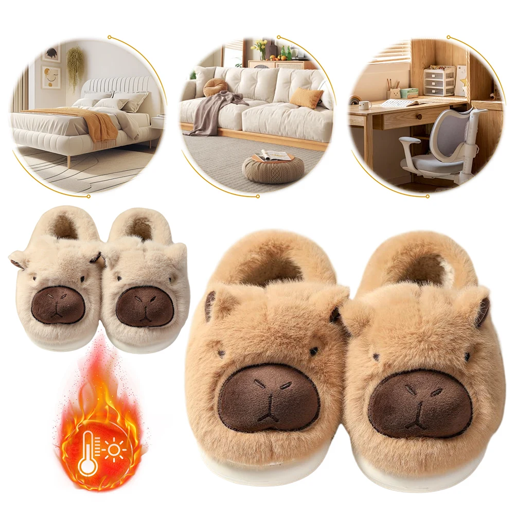 Plush Capybara Slippers Comfortable Slip-on House Shoes Non-Slip Thermal Home Slippers Fuzzy Capybara Slippers for Autumn Winter