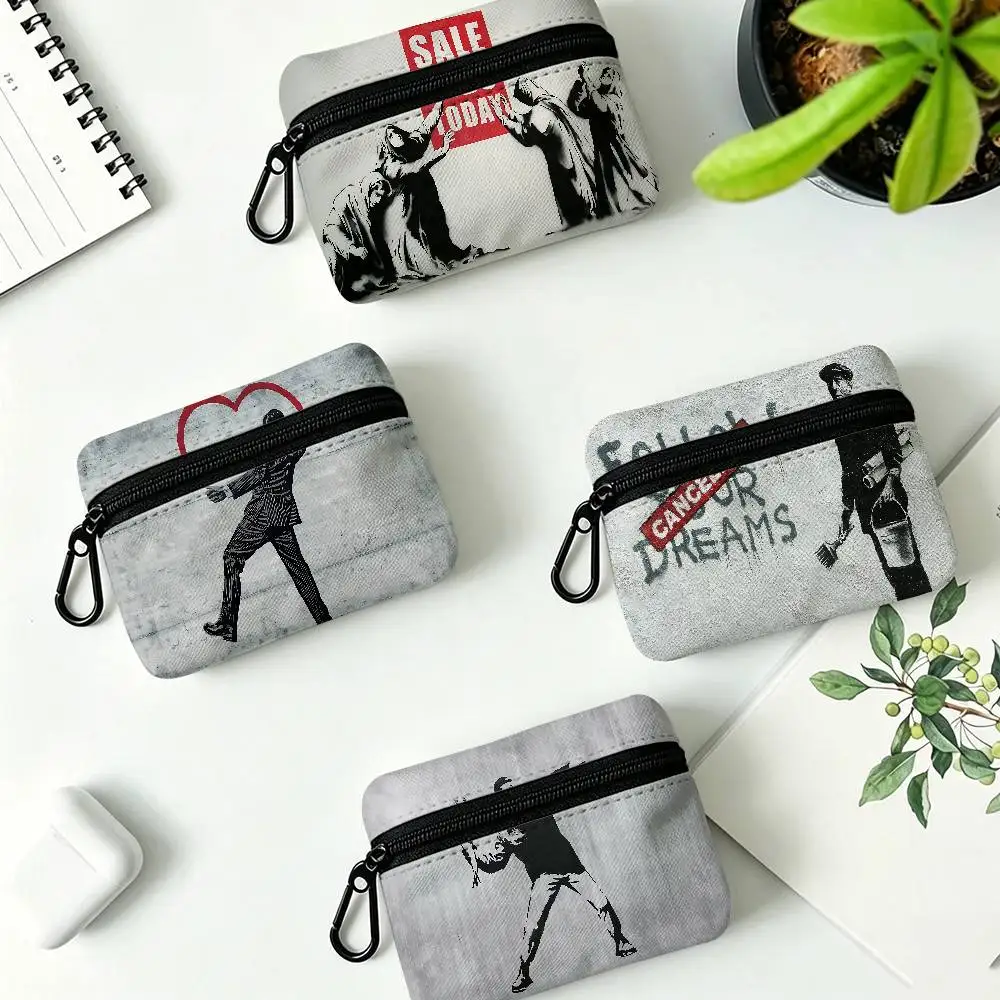 Banksy Graffiti Game Film Multifunctional Oxford Cloth Small Pouch With Hook Mini Coin Wallet Earbud Storage Bag