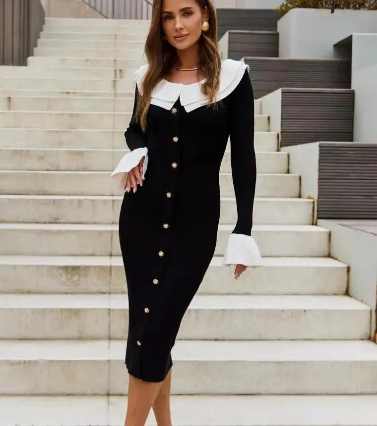 Fashion Knit Patchwork Long Dress Women's Ruffled Slim Elegant Contrast Ribbed Party Dress Knitwear Autumn Maxi Dress New