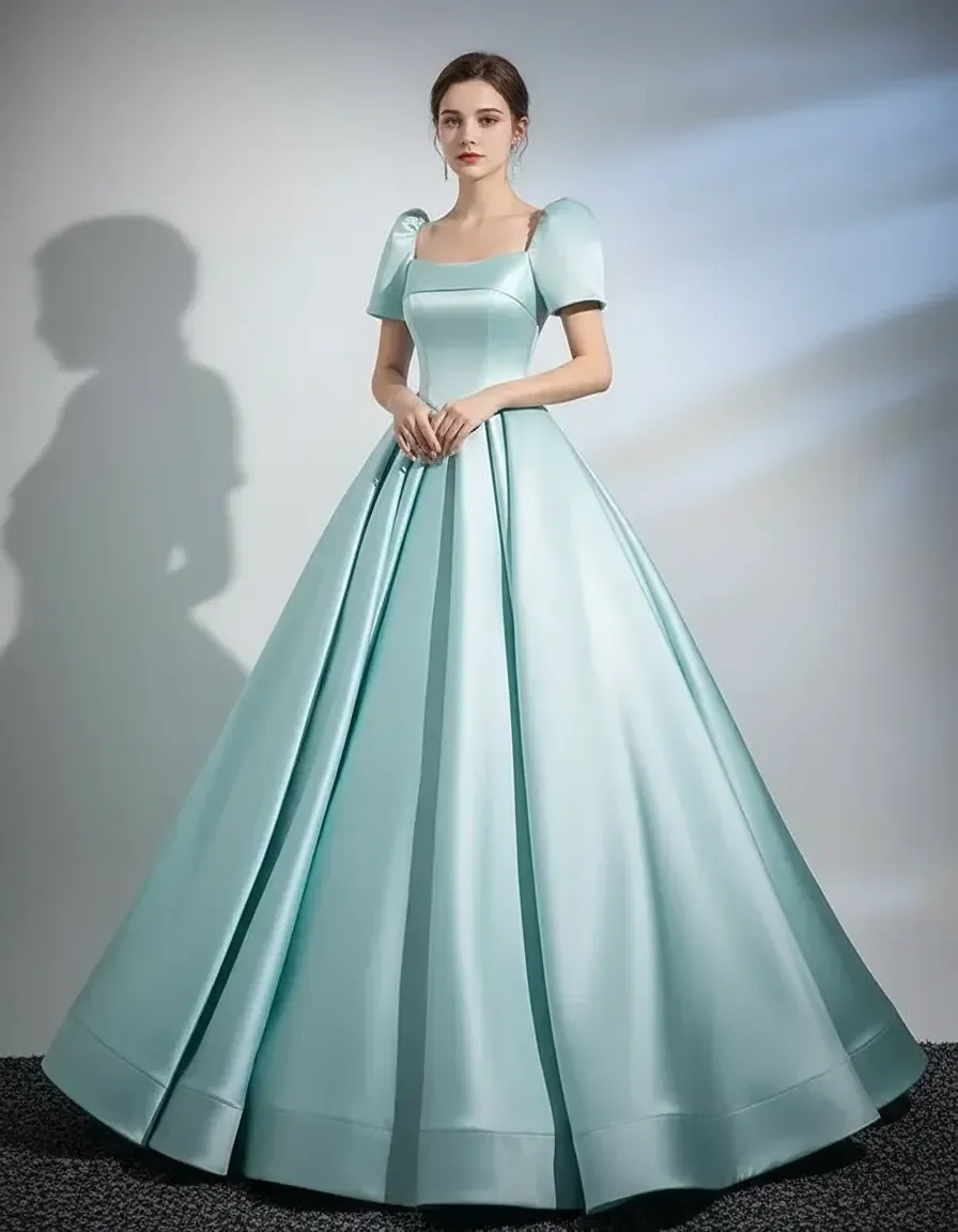 

Mint Green Square Neck Satin Ball Gown with Puff Sleeves for Quinceanera Prom Evening Party Wedding Guest Formal Occasion