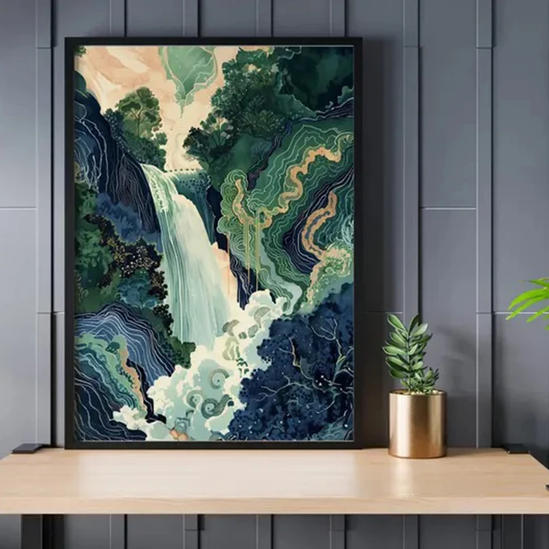 2026 Hokusai Ukiyo-e Blue Green Japanese Waterfall Asian Landscape Poster Canvas Printing Vintage Wall Art Picture Home Room Dec
