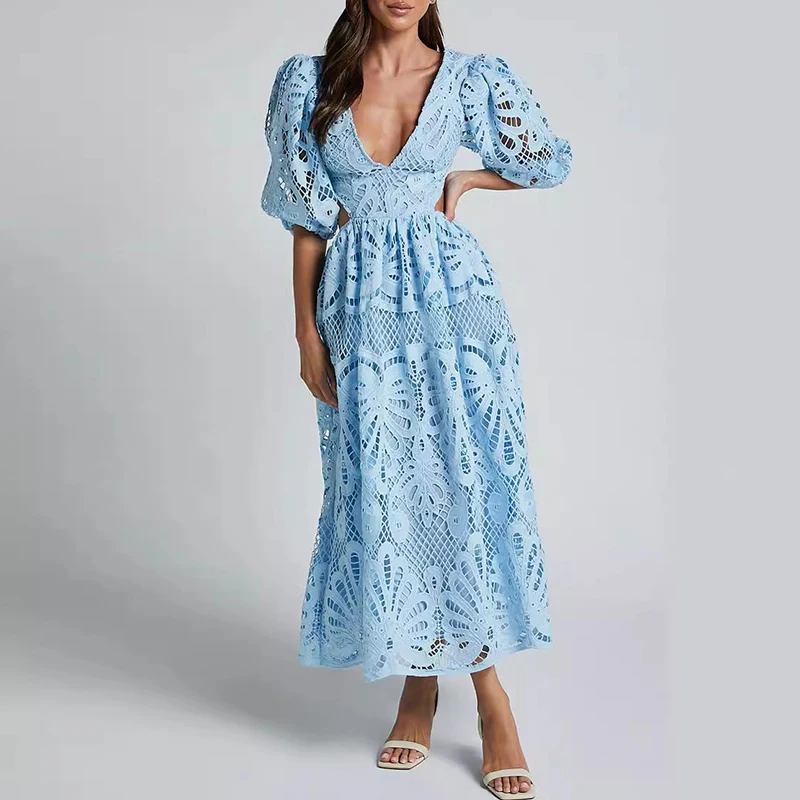 Women Sexy Pleated A-Line Dress Embroidery Retro Puff Short Sleeve Party Dress Temperament V Neck Waist Hollow Lace Long Dress