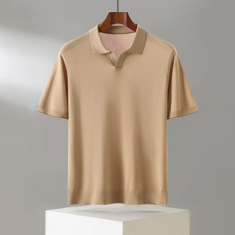 

Summer 100 Lyocell Tencel Knitted Short Sleeve Men's Solid Color POLO Neck T-shirt with Half Sleeve Simple Casual Shirt