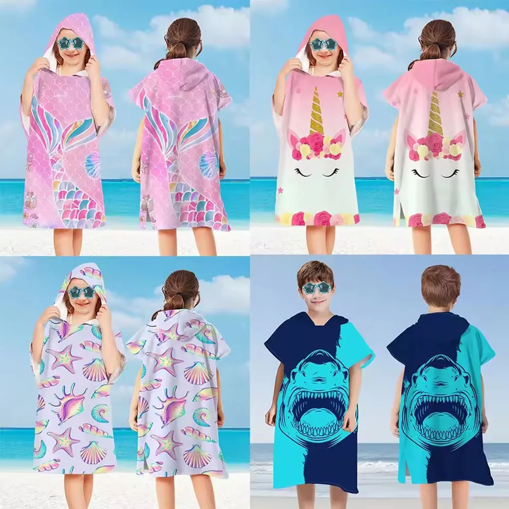 Swimwear Children's Hooded Towel Coat with Zipper Sleeveless Convertible Bath Robe Polyester Fabric Quick Dry Swimming Changing