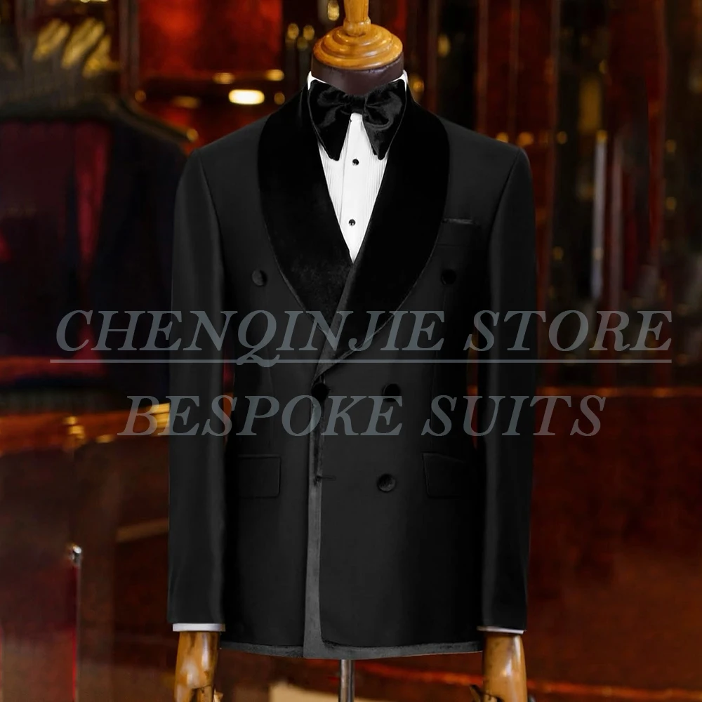 

Luxury Black Men's Suits Elegant Wedding Double Breasted Shawl Lapel Slim Fit Outfits Fashion 2 Piece Jacket Pants Male Clothing