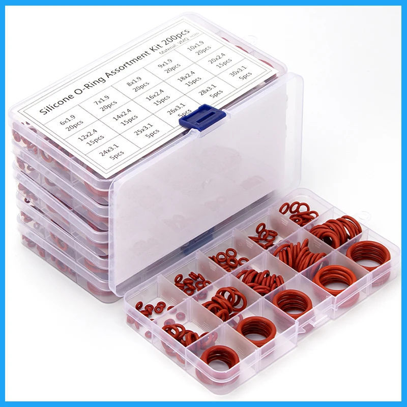 150-200-225PCS VMQ Sealing Silicone Assortment Kit O-rings OD 6mm-30mm CS 1.5mm 1.9mm 2.4mm 3.1mm Red Gasket Replacements HG009