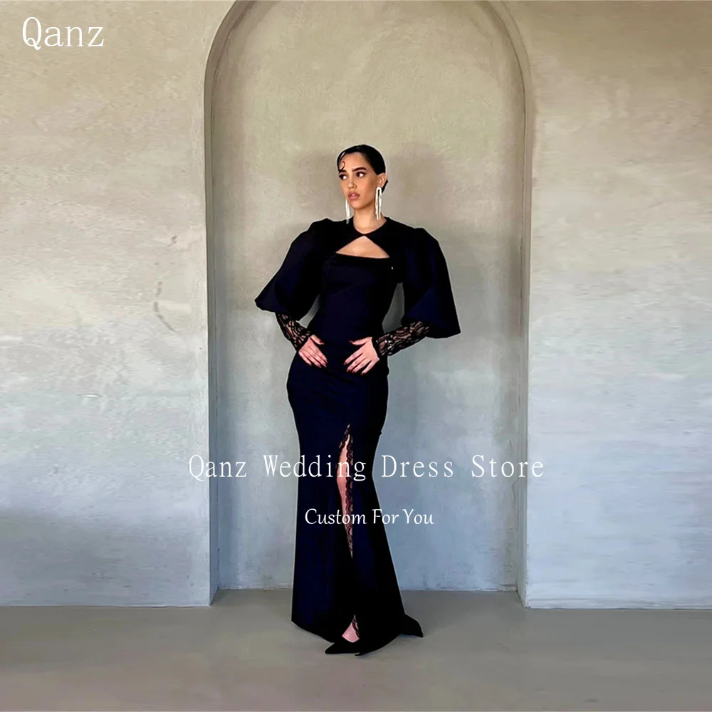 

Qanz Modest Black Evening Dresses Mermaid Satin High Slit Vestidos Para Mujer Elegantes Y Formales Robes De Soirée Customized