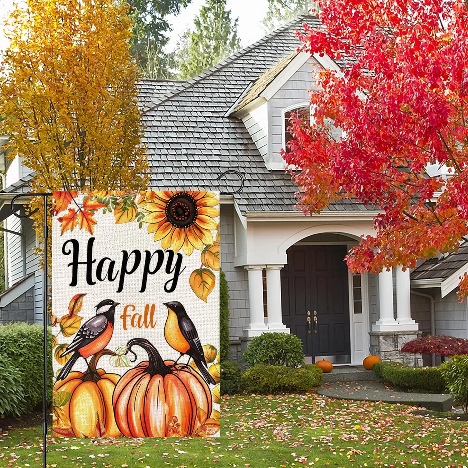 Happy Fall Graden Flag 12x18 inch Double Sided Autumn Leaves Sunflower Pumpkins Thanksgiving Holiday Outside Decorations Small B