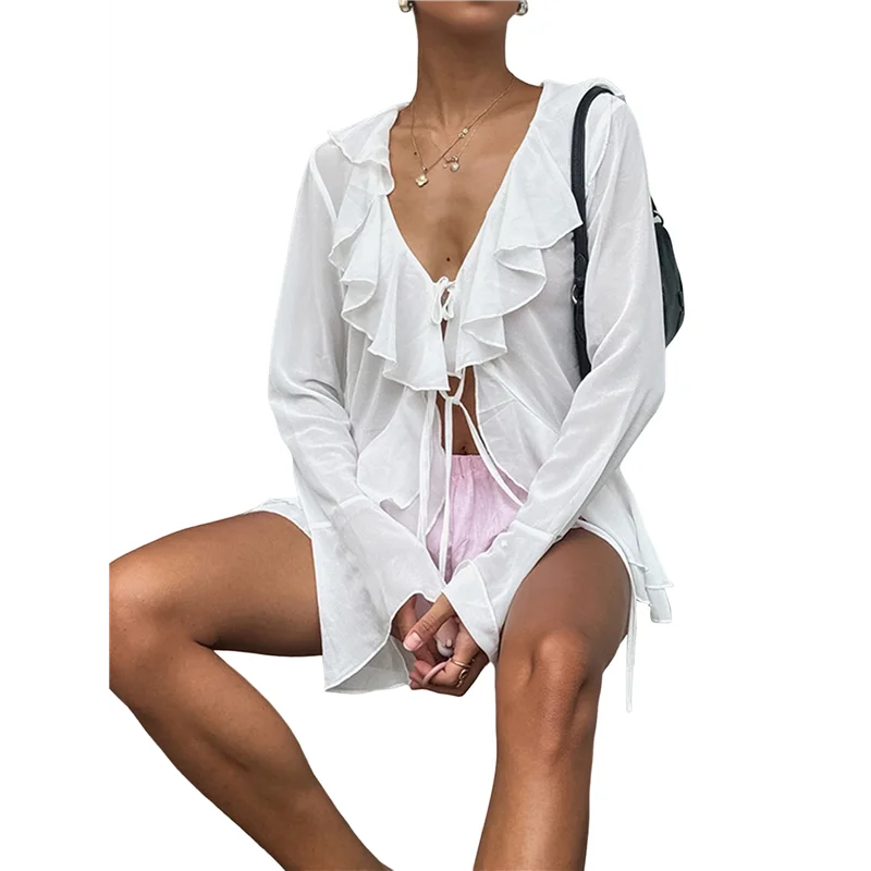 Tops con lazo frontal para mujer, blusa de manga larga con volantes y campana de malla transparente, Top corto