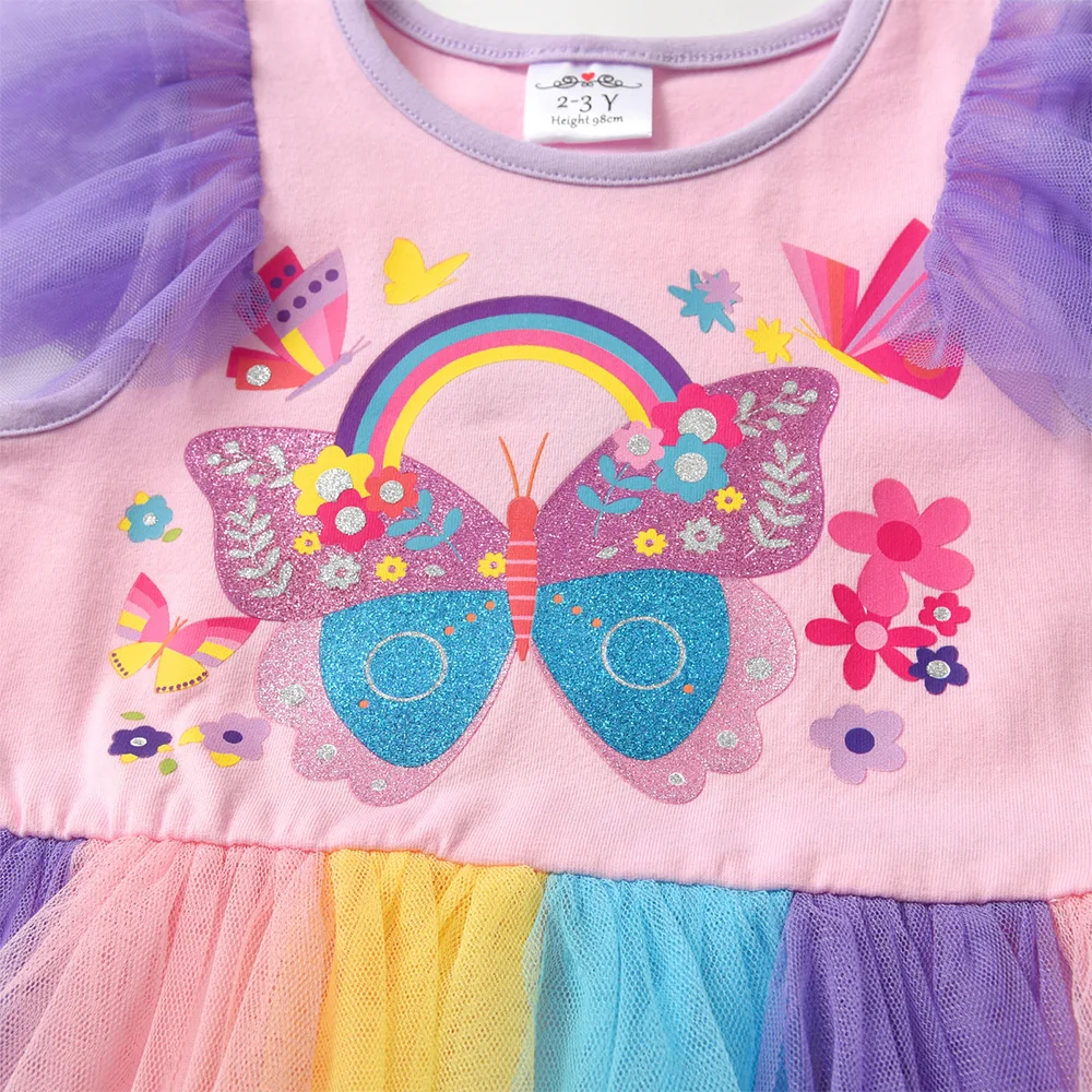 VIKITA 키즈 나비 인쇄 만화 공주 드레스 소녀 플레어 슬리브 생일 파티 공연 댄스 파티 드레스 여름 Vestidos 3-10Y