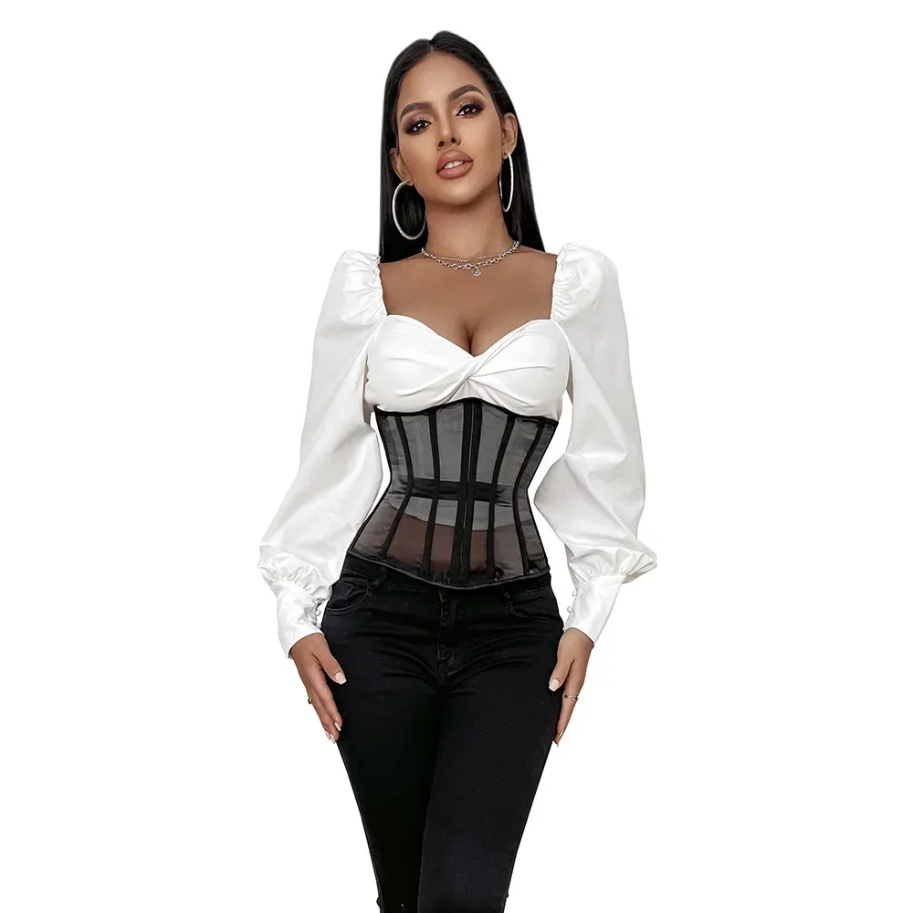 Women Sexy Mesh Underbust Corset Gothic Slim Streetwear See Through Waist Cincher Bustier Top