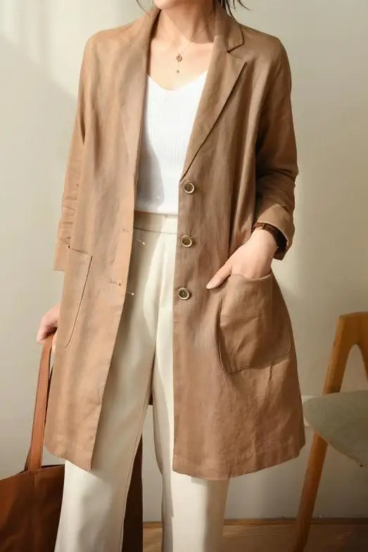

Insozkdg High end Cotton and Linen Mid Length Suit Jacket Women Clothing Autumn Commuting Black Loose Casual Blazer Women Tops