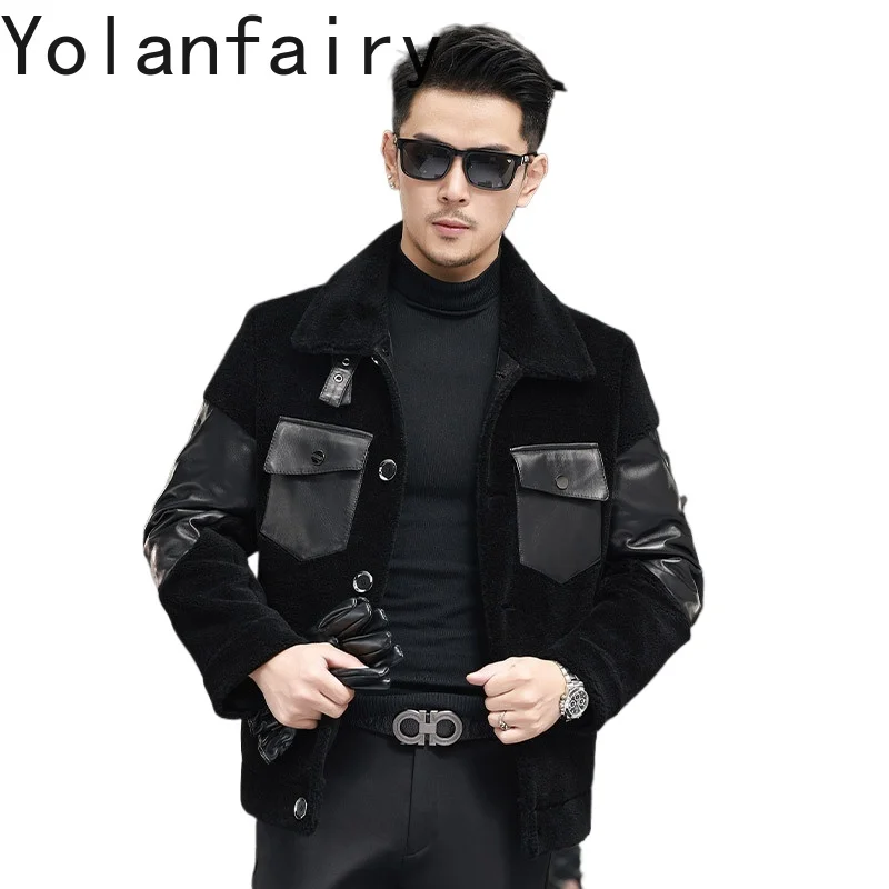

YOLANFAIRY Мужская куртка из 100% шерсти, осень-зима 2022, короткое пальто для стрижки овец, теплые шерстяные кожаные куртки из овчины