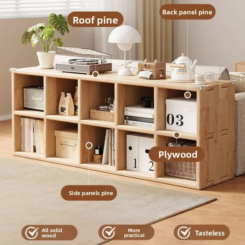 Durable Solid Wood Bookshelf Floor-to-ceiling Integrated Multi-compartment Shelf Log Style Storage Combination Low Bookcase