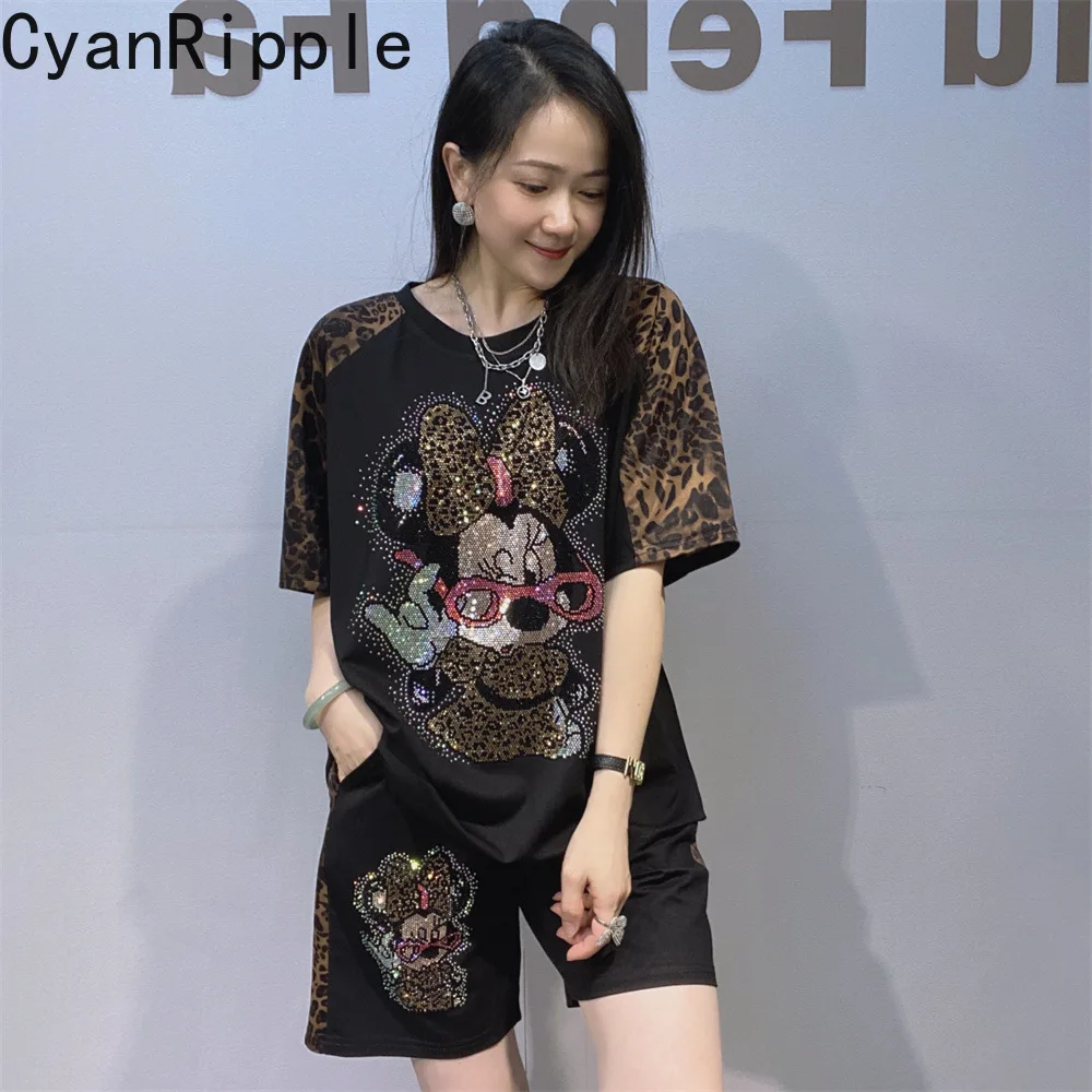 Trendy New Summer Women Two-piece Set Leopard Splicing Diamonds Mickey Short Sleeve T-shirt Top + Elastic Waist Sports Shorts