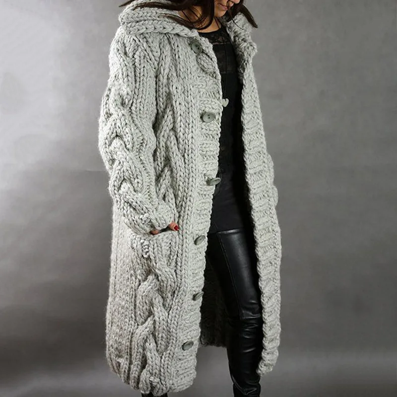 Damenpullover, neuer lässiger, lockerer, europäisch-amerikanischer Mode-Cardigan mit Umlegekragen, gestrickter langer Mantel, Pullovermantel in großen Größen – Detail 7