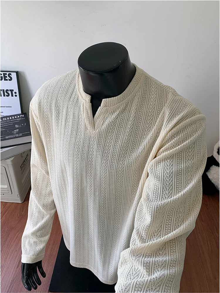 Trendy Loose Men's Base irt Textured Small V-ne Cleanfit Inner Wear Casual Long Sve Polyester Fiber Autumn Spring