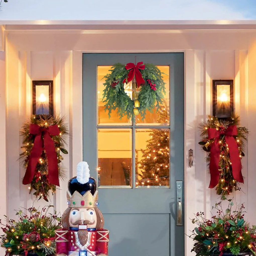 

1 шт., рождественский венок из сосновой шишки с колокольчиком, подвесной венок из виноградной лозы в форме сердца с льняным бантом для домашнего рождественского украшения, 50 см