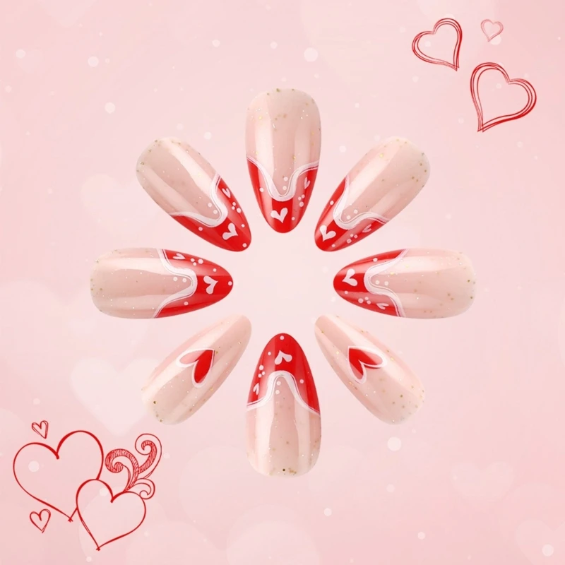 24Pcs Valentines Day Long Almond Nails False Press on Artificial