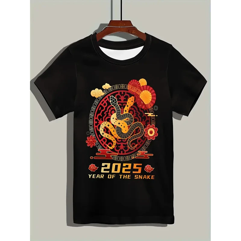 Chinese New Year Popular Patterns T-shirt For Men Short Sleeve Red T Shirts Snake Dragon Graphic Print 2025 Fashion Trendy Tee