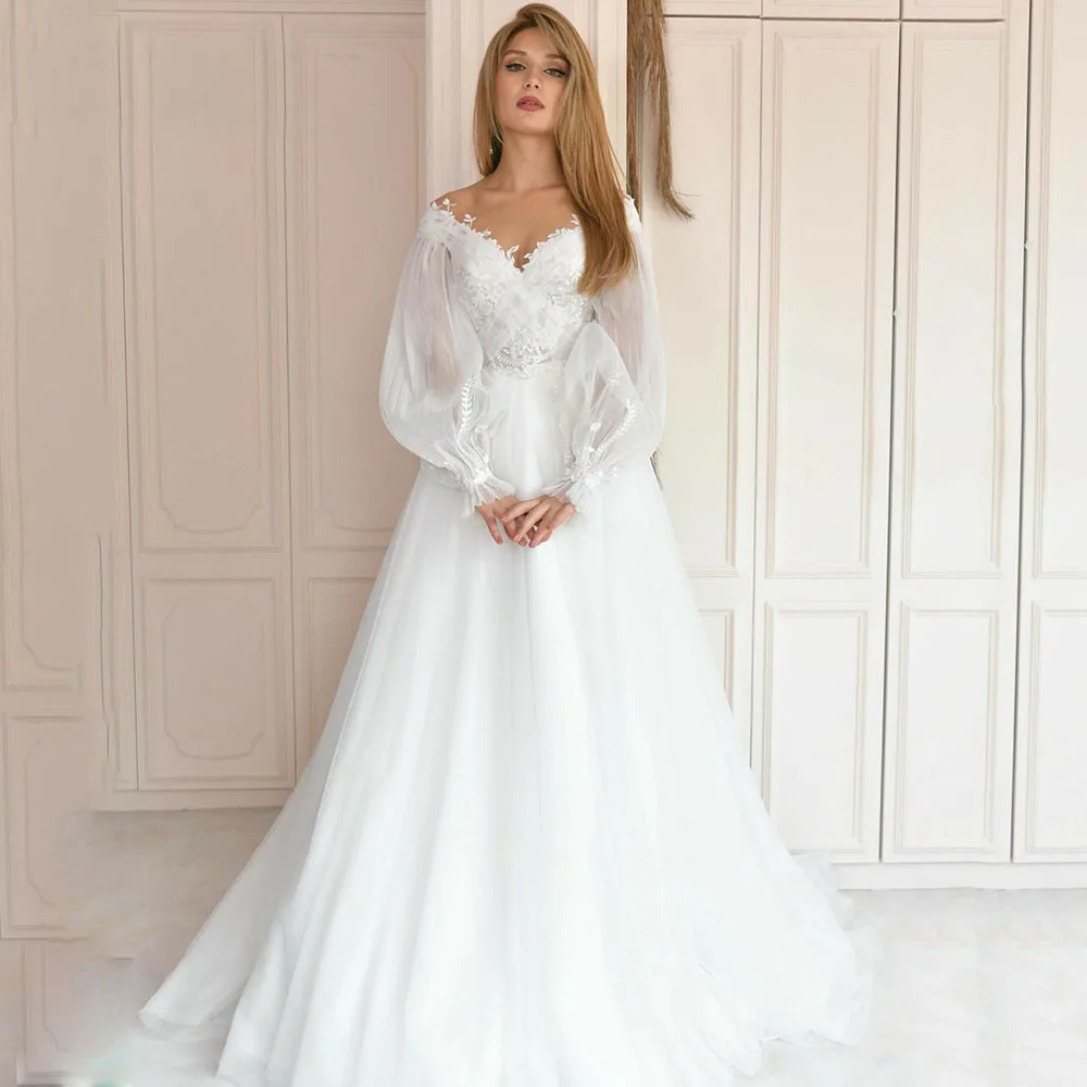 

MANRAY Elegent Wedding Dresses Chiffon Lace Appliques V-Neck Long Lantern Sleeves Romantic Bridal Gown Vestidos De Noiva Curvi