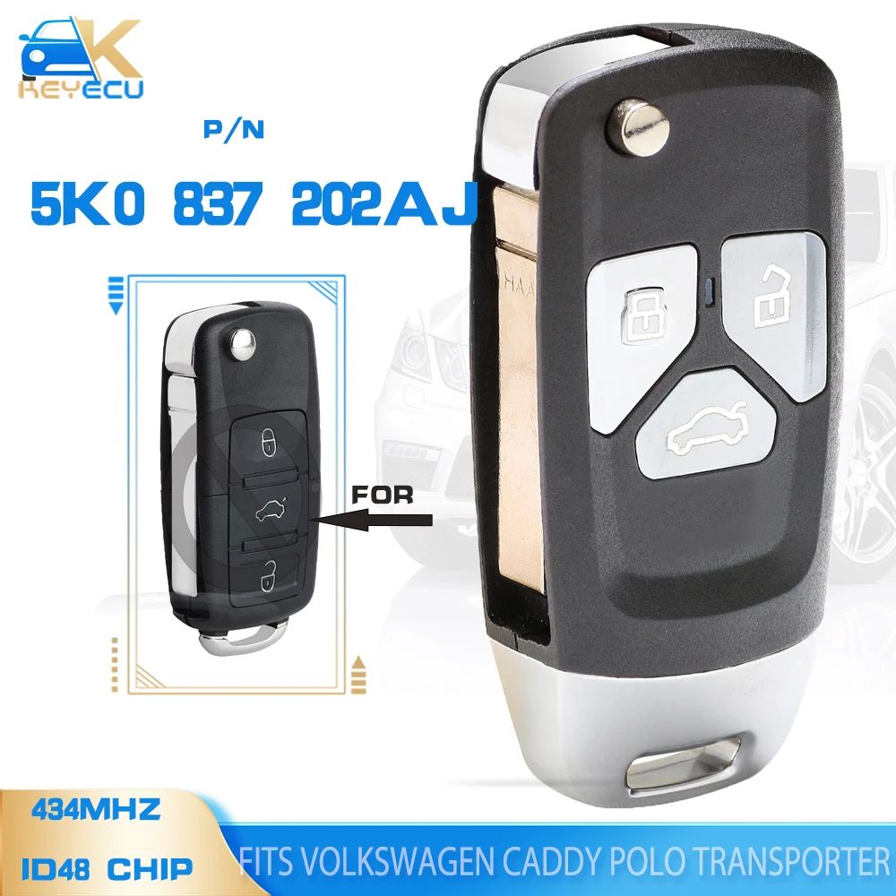 

KEYECU 5K0837202AJ Upgraded Remote Key 434MHZ ID48 for VW Caddy/Polo/Transporter/Beetle