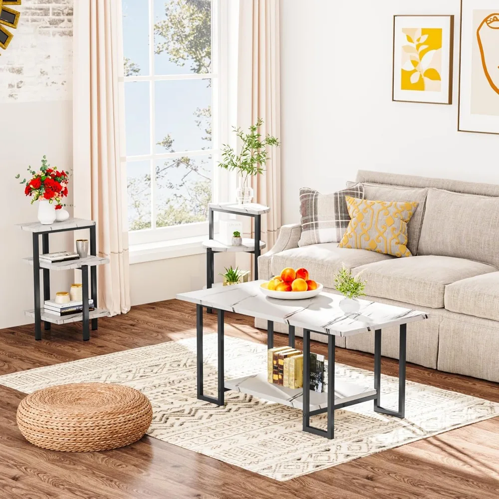 Faux Marble Table Set,Coffee Table&2Side Table,Faux Marble Tabletop and Metal Frame,3 Piece Table Sets,for Living Room Apartment