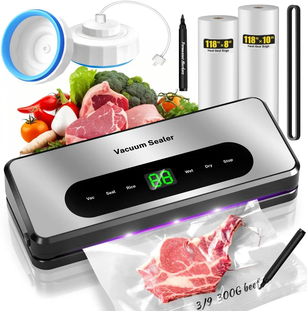 

8-in-1 Food Vacuum Sealer with Jar Sealer, Built-in Cutter & 2 Bag Rolls