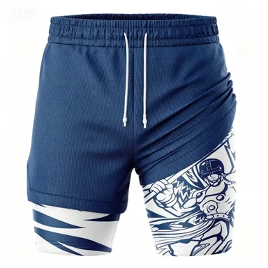 Blue and White Manga One-piece Black and Yellow Double Layered Fake Two-piece Summer Sports Shorts