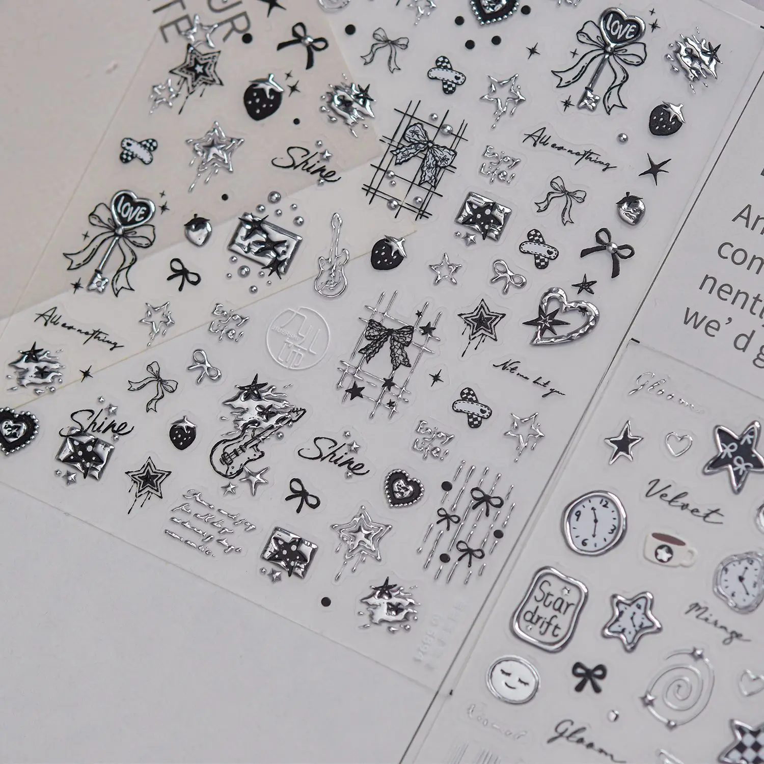 Silver Metal Nail Stickers 5D Ring Cherry Clock Watch Starburst Love Rate Chart Moon Star Line Bowknot Nail Art Stickers Decals