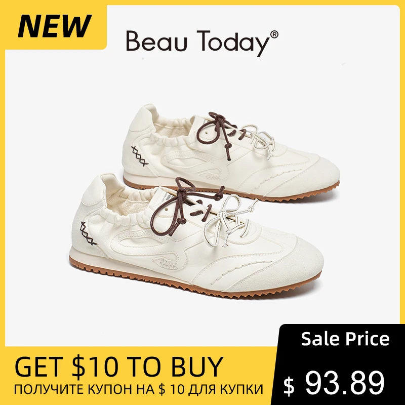 

Модные кроссовки BEAUTODAY для женщин из коровьей кожи с круглым носком, на шнуровке, с эластичной лентой, женская обувь ручной работы 29982