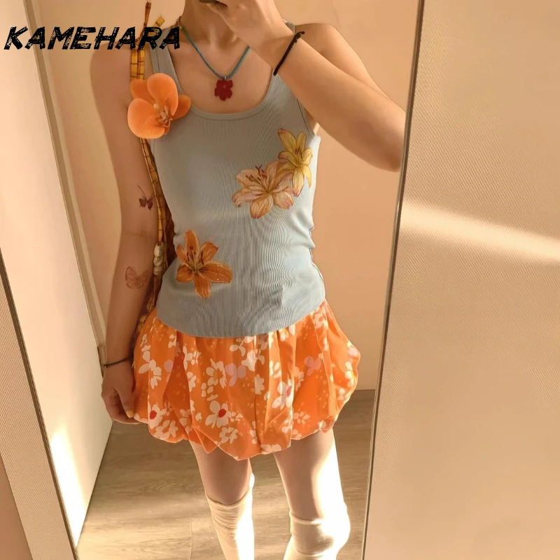 

KAMEHARA Y2k летняя свободная женская юбка с цветочным принтом трапециевидной формы плиссированный дизайн утягивающие хлопковые короткие юбки средней длины уличная одежда