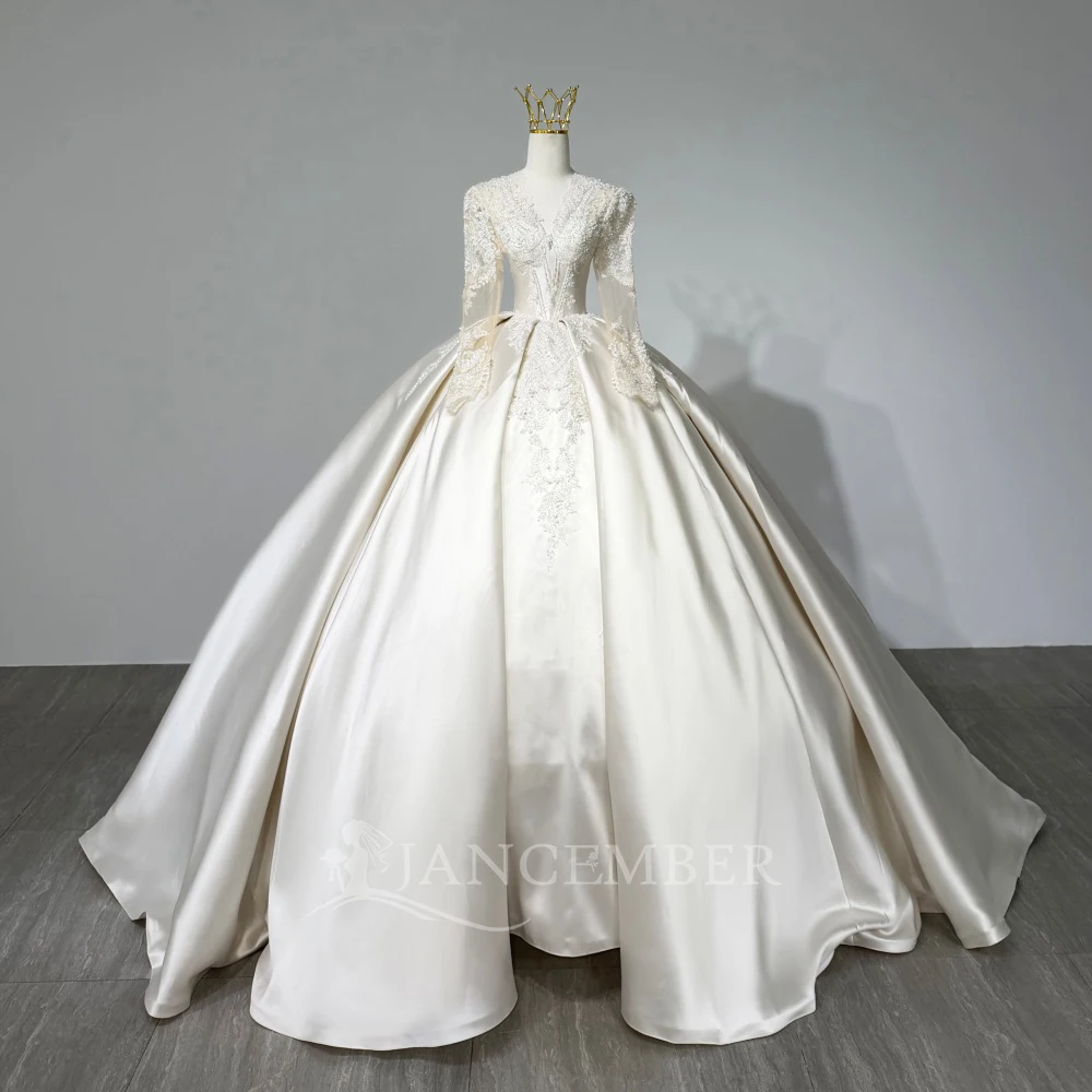 Long Sleeve Princess Wedding Dress Flash Deals Satin Ball Gown Ball Dress Cathedral Train Bride Dress Customized robe de mariée