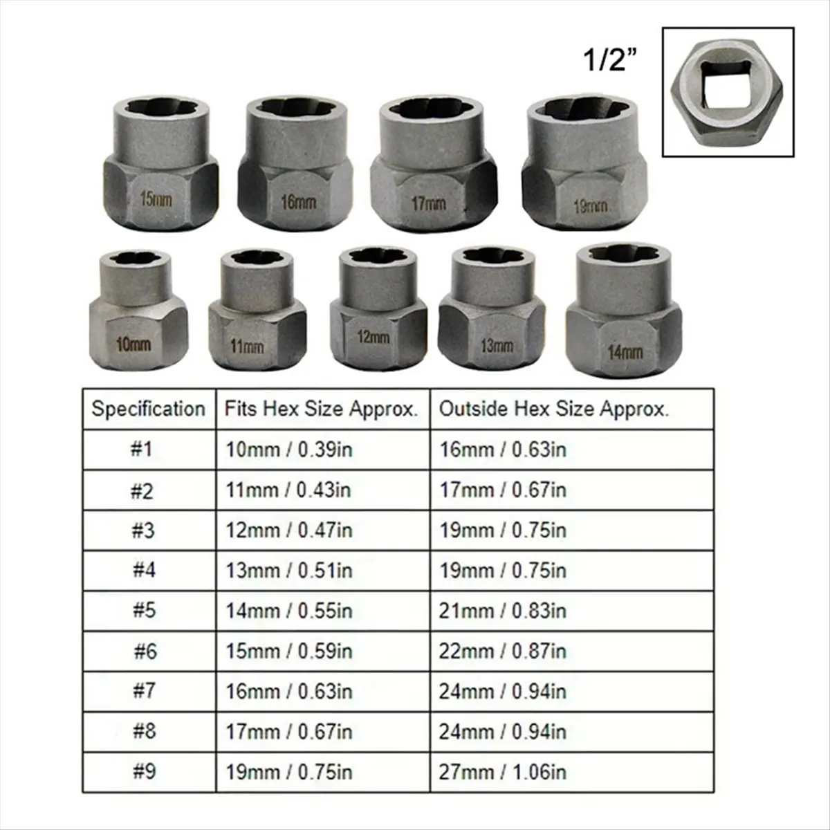 SALE AA63 10pc Nut Extractor 1/2 Square Hole Air Cannon Electric Wrench Use Sliding Nut to Remove Red Box Tool Set