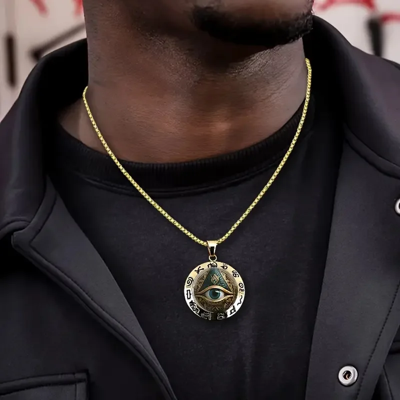Mystic All Seeing Eye Necklace Egyptian Hieroglyphs Pyramid Chain Pendant Gold Tone Jewelry Retro Amulet Chain For Unisex